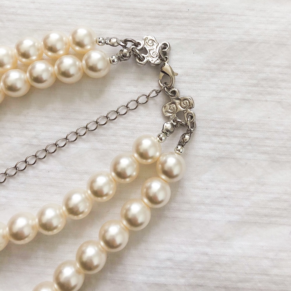 Layered Faux Pearl Beaded Crystal Statement Necklace Multi-Strand Silver Chain - Picture 7 of 10